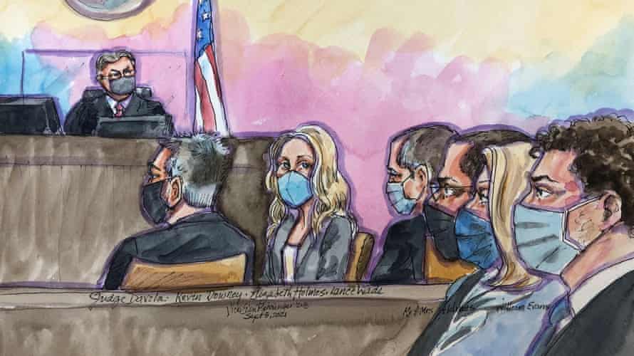 A courtroom sketch of Elizabeth Holmes as opening arguments begin.