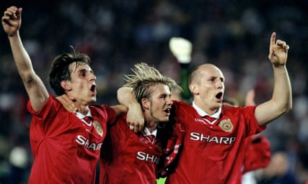Jaap Stam celebrates Manchester United’s Champions League triumph against Bayern Munich in 1999 with Gary Neville and David Beckham.