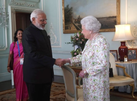 Narendra Modi is greeted by the Queen during a private audience at Buckingham Palace this week.
