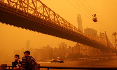 The cable car from Roosevelt Island to Manhattan last week, when haze from the Canadian wildfires shrouded New York.