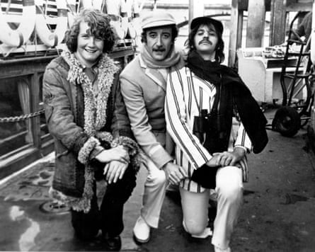 Sellers, centre, with his son, Michael, left, and Ringo Starr, right, during filming of The Magic Christian in 1969.