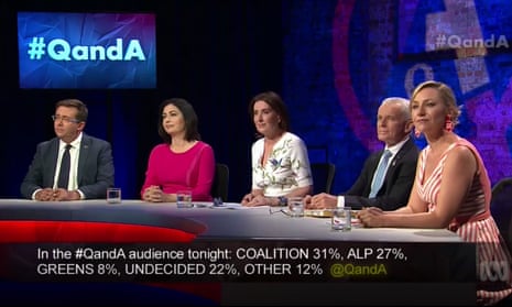 Panellists James McGrath, Terri Butler, Malcolm Roberts and Larissa Waters, with host Virginia Trioli, centre, on ABC’s Q&A