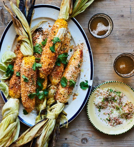 Joe Woodhouse's elotes: corn rolled in mayo, then parmesan, and garnished with coriander and lime.