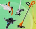 Four grass trimmer heads and one full corded electric string trimmer displayed on a green grid background