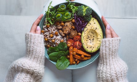 Healthy eating. Plate with vegan or vegetarian food. Healthy plant based diet. Healthy dinner. Buddha bowl with fresh vegetables. High quality photo