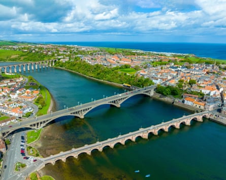 Aerial view of bridges crossing River Tweed in Berwick upon Tweed in Northumberland, England, UK.