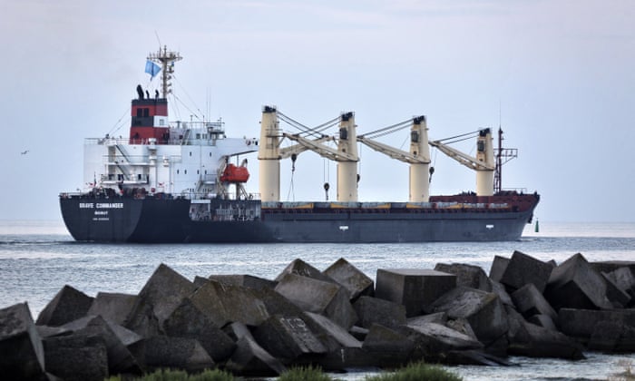 The Brave Commander bulk carrier makes its way from the Pivdennyi Seaport near Odesa, Ukraine, 16 August.