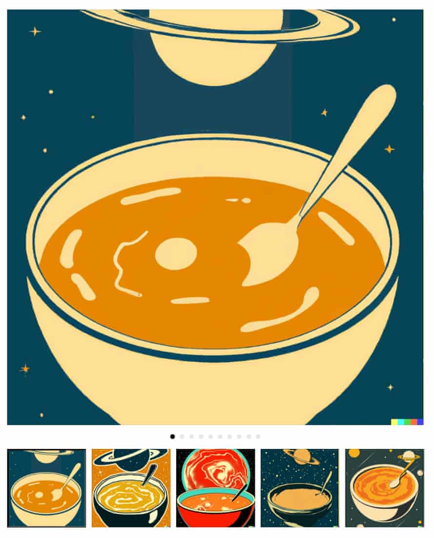 “A bowl of soup as a planet in the universe as a 1960s poster” generated by DALL•E 2