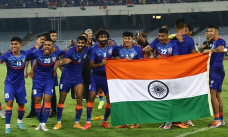 India players celebrate after beating Hong Kong in an Asian Cup qualifier in 2022
