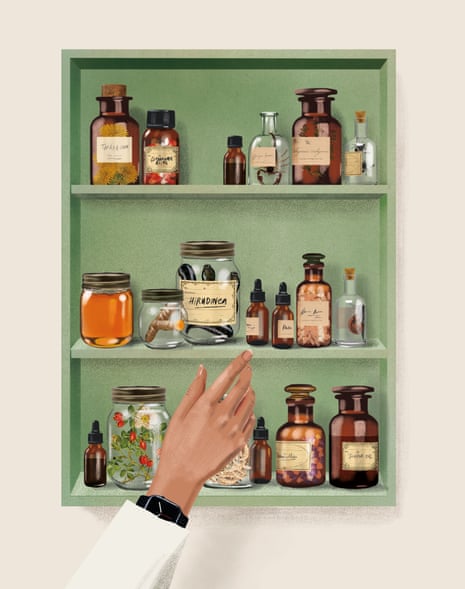 Illustration of a hand (the arm in a white sleeve) reaching into an old-fashioned sage green medicine cabinet with bottles of different shapes and sizes on three shelves