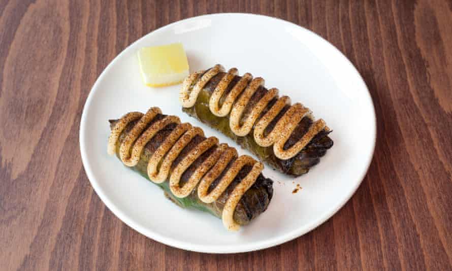 'Go faster with stripes': vine leaves stuffed with crab meat and scampi emulsion.