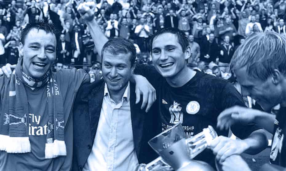 John Terry (left) and Frank Lampard (right) celebrate the winning the league title with Roman Abramovich on April 30, 2005 at the Reebok Stadium, in Bolton.