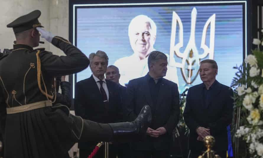 Former Presidents of Ukraine, from left; Viktor Yuschenko, Petro Poroshenko, and Leonid Kuchma, pay their respects at the funeral of Leonid Kravchuk, independent Ukraine’s first president.