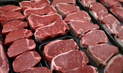 Steaks and other beef products displayed for sale at a grocery store in McLean, Virginia, US.