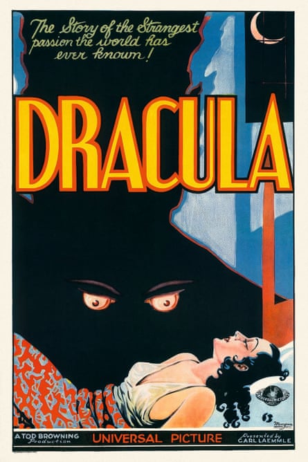 Affiche pour Dracula, 1931, montrant une forme sombre avec des yeux rouges maléfiques surplombant une femme aux cheveux noirs dormant dans son lit
