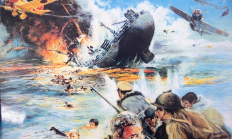 The HMAS Armidale sinking amid a battle scene, depicted in an artwork