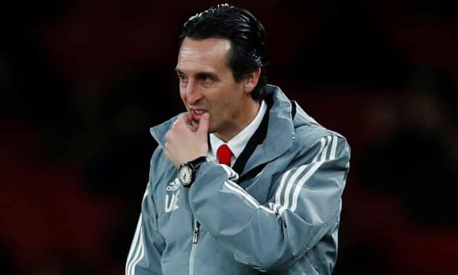 Arsenal manager Unai Emery reacts during their defeat to Eintracht Frankfurt in the Europa League game at the Emirates Stadium.