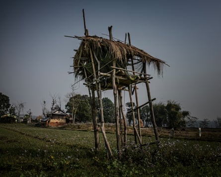 A makeshift shelter on stilts in a field