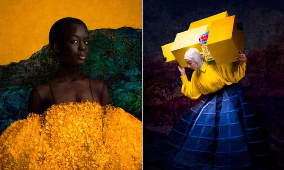 Two portraits by Cooper &amp; Gorfer, left, Yellow Roseline, and, right, Israa With Yellow Boxes. 