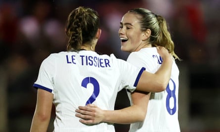 Grace Clinton celebrates her first England goal with Maya Le Tissier