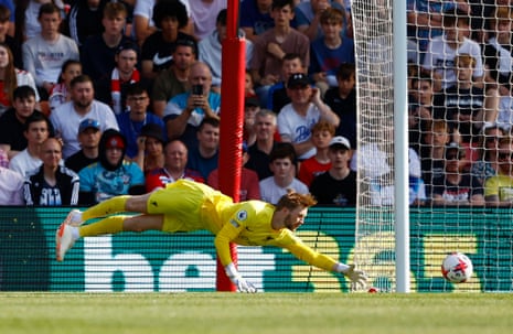 Adam Armstrong scores a fourth goal past Liverpool's Caoimhin Kelleher.