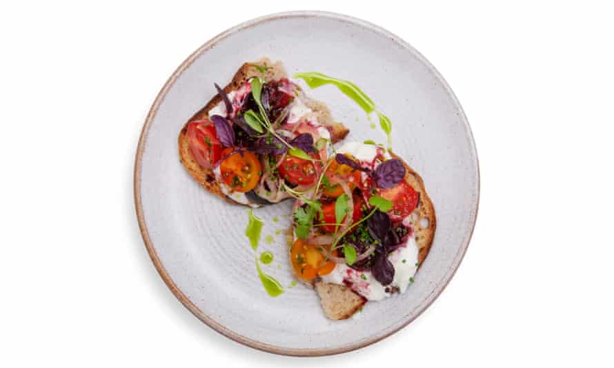 “Mashed with salted cherries”: stracciatella on toast.