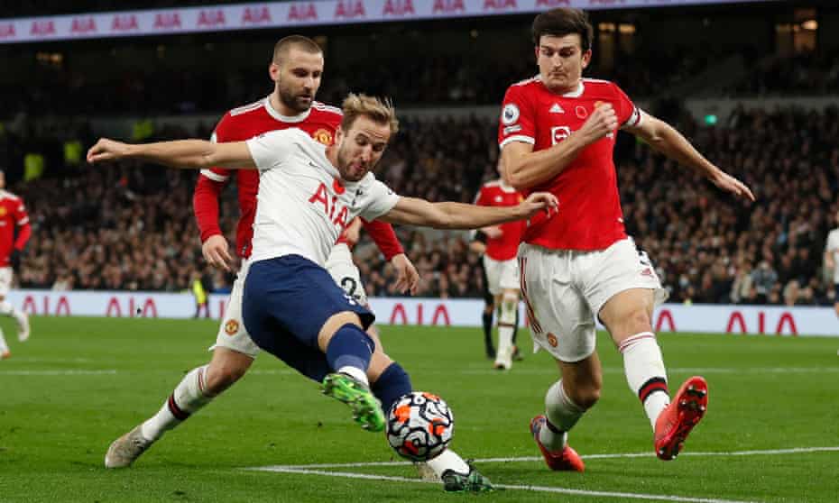 Harry Kane tries to find a way past Manchester United’s Harry Maguire (right) and Luke Shaw during Tottenham’s defeat last month. All three have been well below their best this season.