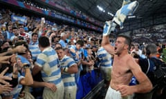Argentina's Emiliano Boffelli celebrates with supporters after beating Wales