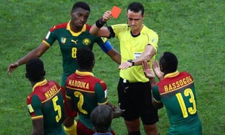 Cameroon’s Emest Mabouka is shown a red card by referee Wilmar Roldan after advice from the VAR during the Confederations Cup in Russia in 2017.