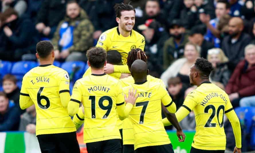 Former Leicester player Ben Chilwell, whose corner Antonio Rudiger headed home, celebrates with his Chelsea teammates.