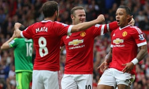 Manchester United’s goalscorers celebrate after Memphis Depay’s opener.