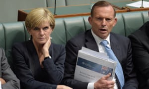 Julie Bishop and Tony Abbott on the frontbench during his time as prime minister. Bishop has said Abbott needs to explain his change of heart on global warming.