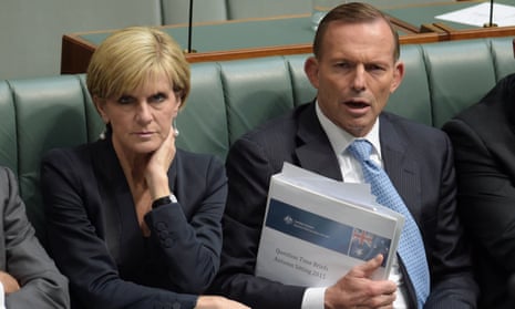Julie Bishop and Tony Abbott on the frontbench during his time as prime minister. Bishop has said Abbott needs to explain his change of heart on global warming. 