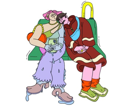 An illustration showing a man leaning on a woman’s shoulder as he sleeps on public transport.
