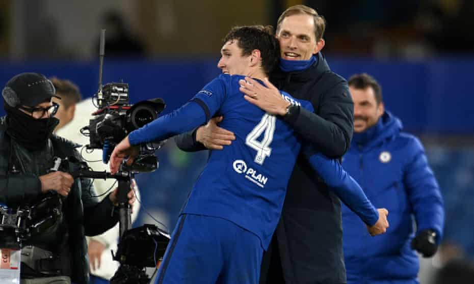 Thomas Tuchel celebrates with Andreas Christensen after Chelsea reached the Champions League final.