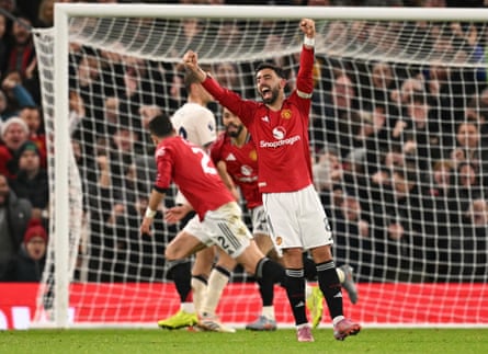 Bruno Fernandes shows his delight after Diogo Dalot had put Manchester United ahead.