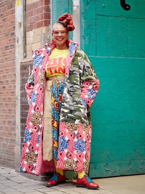 Designer and campaigner Karen Arthur, full length, in multi-coloured clothing