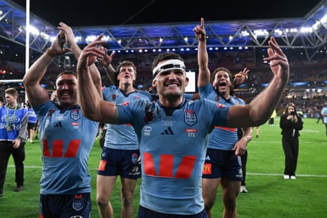 Nathan Cleary of the Blues celebrates winning the series 2-1.