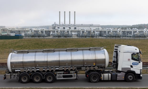 A truck drives past the receiving station for the controversial Nord Stream gas pipeline