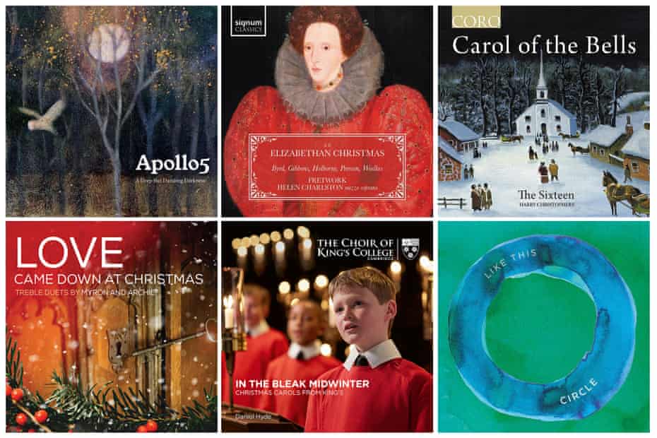 Clockwise from top left: Apollo5’s A Deep But Dazzling Darkness, Fretwork’s An Elizabethan Christmas, the Sixteen’s Carol of the Bells, Like This by Circle, In the Bleak Midwinter from the Choir of King’s College, Cambridge and Myron and Archie’s Love Came Down at Christmas.
