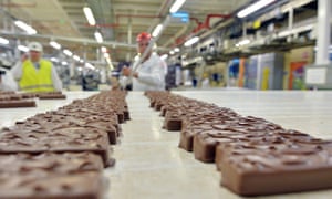 Chocolate bars being made at a factory