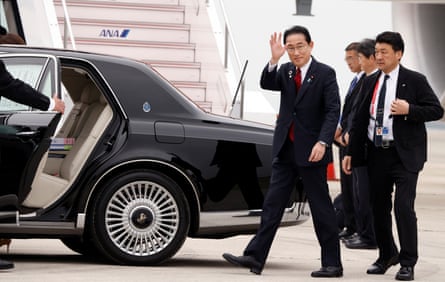 Japanese prime minister Fumio Kishida arrives at Hiroshima airport to attend the G7 leaders summit.