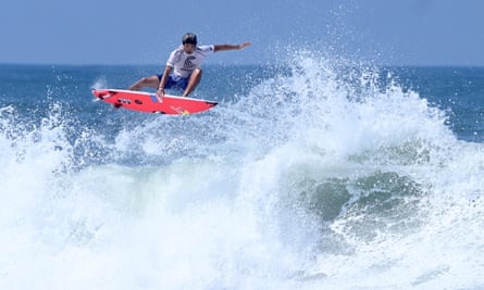 Kanoa Igarashi rides a wave during the World Surfing Games at the El Tunco beach in El Salvador in June