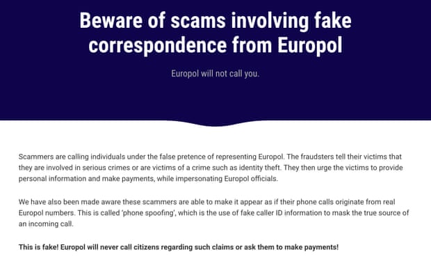 A Europol cyber scam warning on its website.
