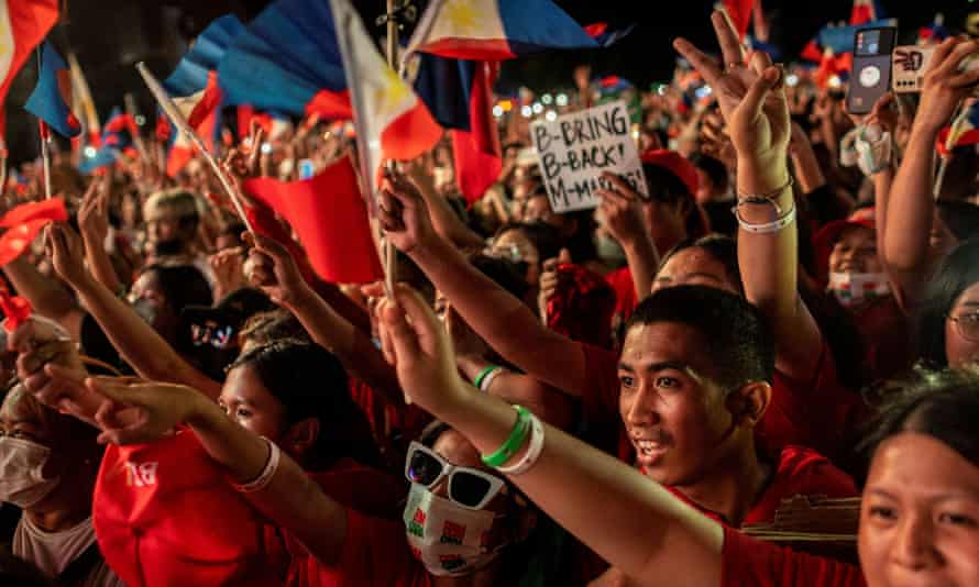 Supporters of Ferdinand Marcos Jr cheer during a campaign rally in San Fernando, Pampanga province, Philippines.