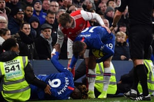 Tammy Abraham after crashing into the hoardings during the draw with Arsenal.