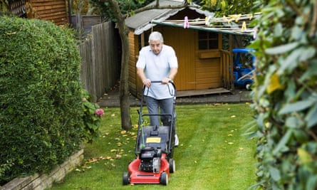 Senior man mowing lawn in a very tidy garden with shrubs either side and a wooden shed at the bottom