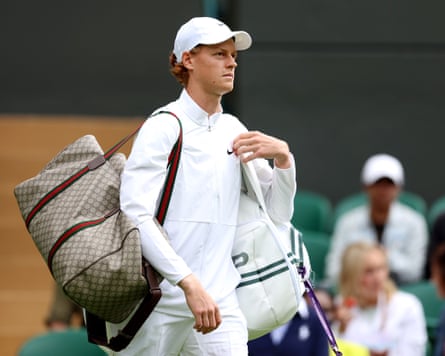 Jannik Sinner of Italy takes to the court against Diego Schwartzman of Argentina in the Men’s Singles second round match during day three of The Championships Wimbledon 2023 at All England Lawn Tennis and Croquet Club on July 05, 2023 in London, England