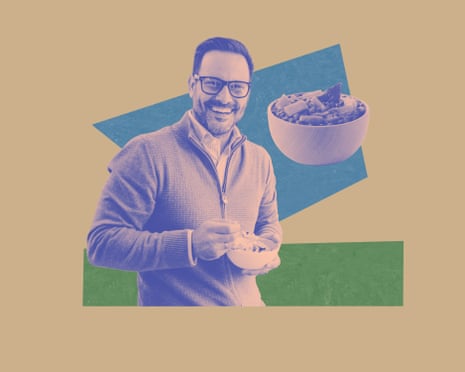 A smiling man in glasses holds a small bowl, with a floating image of a larger food bowl beside him