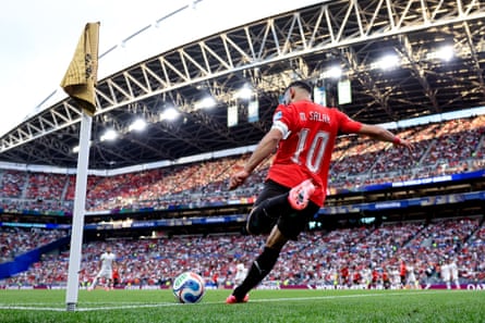 Salah takes a corner against Iran in Seattle.